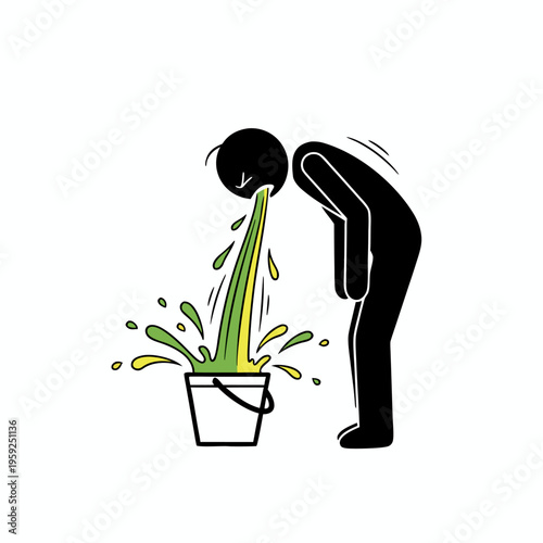 Stick figure man leaning forward and vomiting green liquid into a bucket vector icon illustration.
