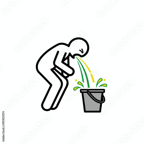 Stick figure person leaning over and vomiting green liquid into a grey bucket vector icon illustration.