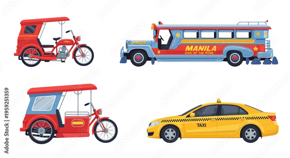 Fototapeta premium Philippine Transportation: Tricycle, Jeepney, and Taxi Collection
