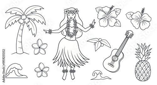 Hawaiian Hula Dancer with Tropical Elements - Line Art