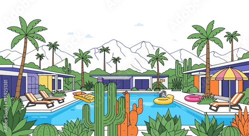 Retro Desert Motel Poolside Oasis with Palm Trees and Cacti
