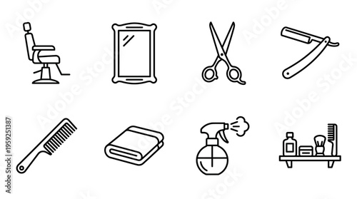 "Minimal line icons of barbershop tools including chair, mirror, scissors, razor, comb, towel, spray, shelf."