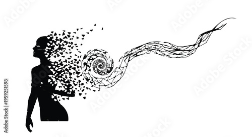 Silhouette of a woman dissolving into swirling abstract particles, representing transformation and change.