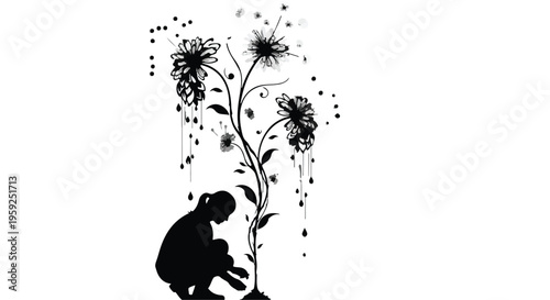 Silhouette of a person tending to a stylized, blossoming plant with abstract elements