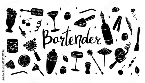 Bartender tools and equipment illustration in black and white