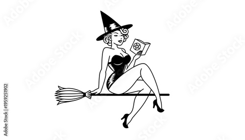 A witch vector illustration sitting on a broomstick with a spellbook