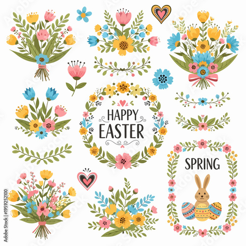 Soft pastel flowers arranged in ornamental clusters framing a festive Happy Easter message