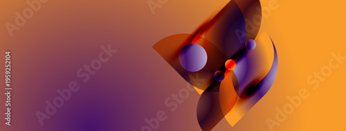 Abstract shapes blend, orange hues dominate. Purple accents create depth, smooth gradients define composition. Minimalist design.