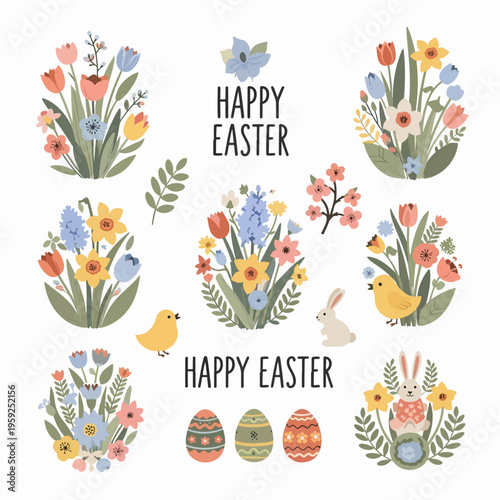 Festive spring bouquet designs with intricate details and a joyful Happy Easter banner