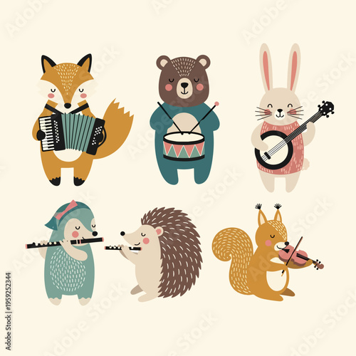 Cute animal band illustration featuring fox, bear, rabbit, and woodland musicians playing instruments