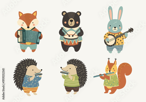 Cute and lively animal friends playing instruments and creating joyful musical moments together
