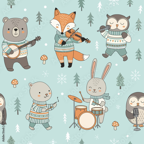 Adorable forest animals collaborating as musicians in a fun and imaginative cartoon band