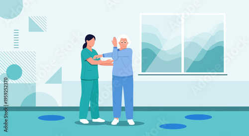 Physical therapist assisting elderly woman with arm exercise in rehabilitation center