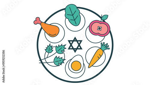A kosher food plate illustration with traditional jewish symbols and dishes