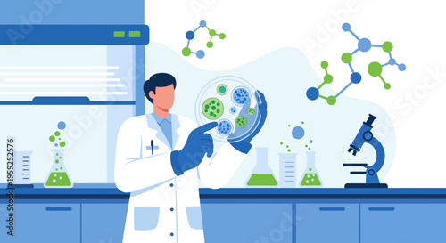 Scientist examines petri dish with microorganisms in modern laboratory with microscope and molecular structures