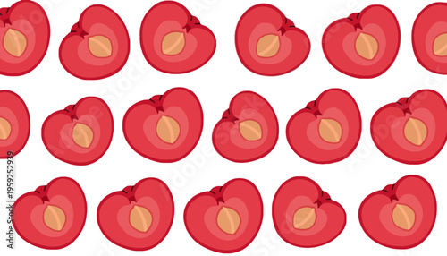 A peach seamless pattern of cut open peaches on a white background