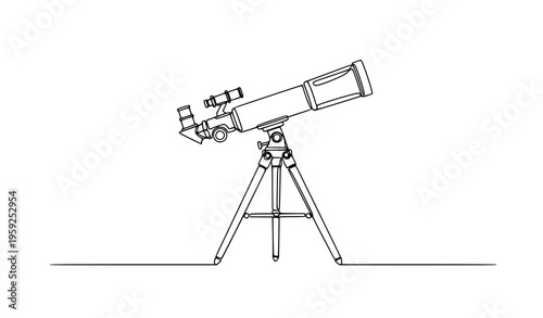 Minimal telescope on tripod continuous line art space vector illustration
