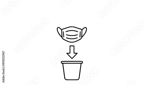 Proper face mask disposal bin icon minimal line art vector illustration