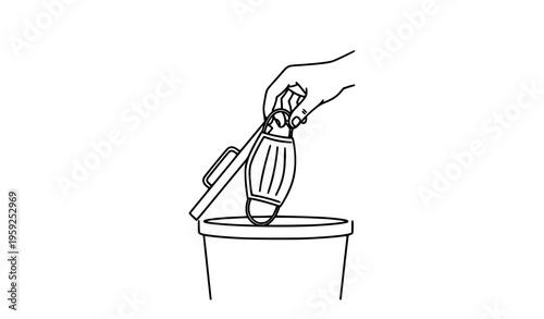 Hand putting face mask into trash bin line art hygiene vector illustration