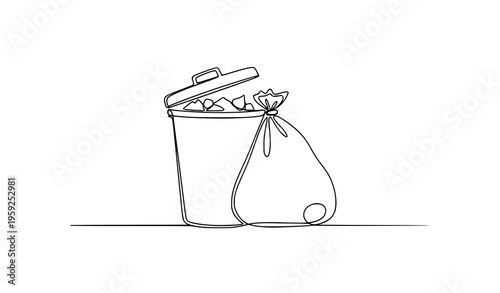 One continuous line drawing garbage bin and trash bag waste concept vector illustration