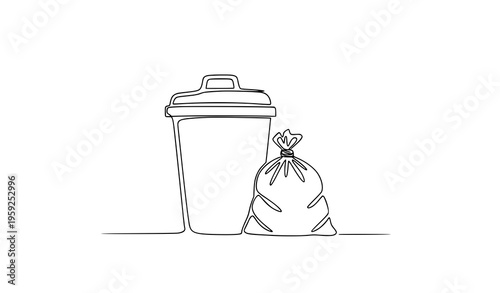 Minimal garbage bin with plastic trash bag continuous line art vector illustration