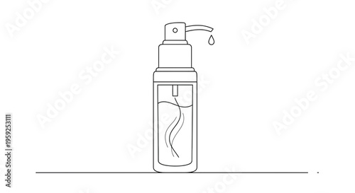 Hand sanitizer bottle with dispenser and liquid drop, line art illustration