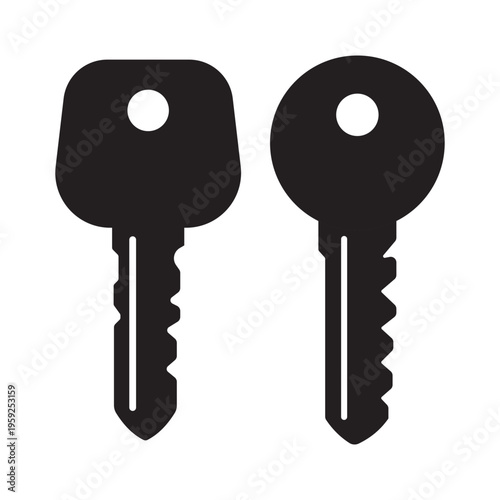 Set of two solid black key icons in minimal flat style representing security, access, locking system, and protection. Ideal for apps, UI design, locksmith services, authentication, and digital