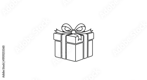 Gift Box with Ribbon Bow, Simple Line Art Illustration, Celebration Present Icon