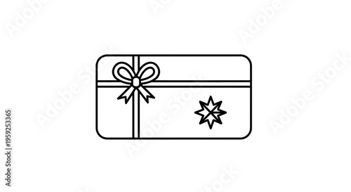 Gift Card Icon with Bow and Star - Simple Line Art Illustration