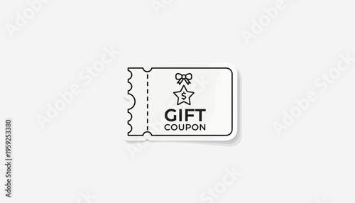 Gift Coupon Icon with Bow and Star, Black and White Line Art