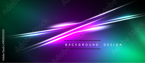 Abstract neon lines blend vibrant purple, green hues. Dark background emphasizes glowing streaks, modern design element.