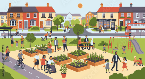 Illustration of people engaging in various activities in a vibrant community park with raised garden beds, playground, and residential buildings in the background.