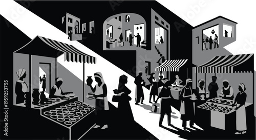 Bustling outdoor market scene with vendors and shoppers under striped awnings.