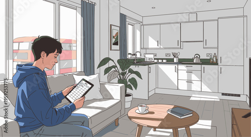 Young man sitting on a couch in a modern living room with kitchen, using a tablet with a cup of coffee on a wooden coffee table beside him.