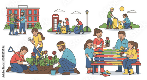 Illustration of diverse people engaging in various community activities in a colorful and lively urban setting with a joyful mood.