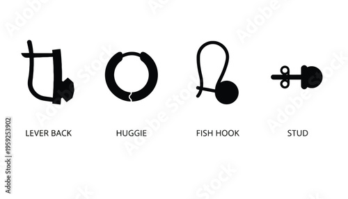 Earring silhouette vector icons set including lever back, huggie, fish hook, and stud
