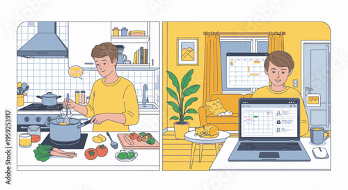 Illustration of a man cooking in a kitchen and another man working on a laptop with calendar on a desk in a yellow room.