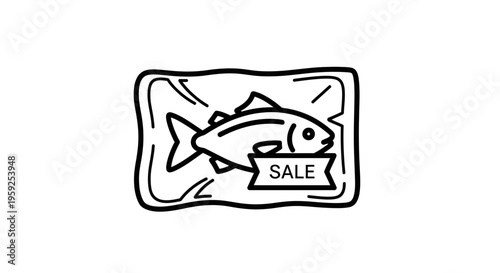 Fresh Fish on Sale in Packaging, Seafood Market Icon, Healthy Food Promotion