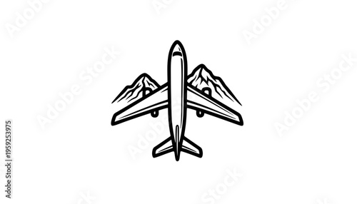 Airplane vector silhouette flying over mountain peaks in the sky