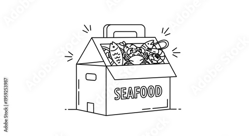 Fresh Seafood Box Delivery - Line Art Illustration