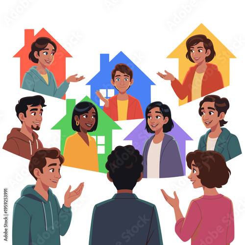 Vibrant illustration depicting a diverse group of individuals engaging in conversation, surrounded