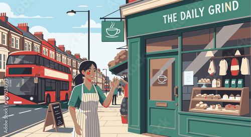 Illustration of a woman standing outside a green coffee shop on a city street with a red double-decker bus, conveying a casual urban mood.
