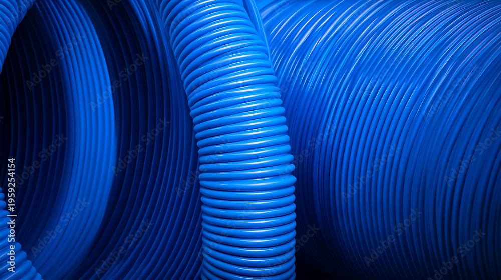 Obraz premium Abstract close-up of blue corrugated plastic pipes or conduits, showcasing textured surface and repeating circular patterns