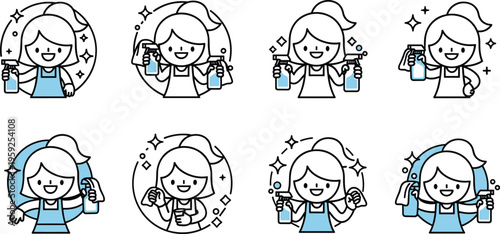 Cleaning woman icons set with spray bottles and hygiene symbols line art vector illustration