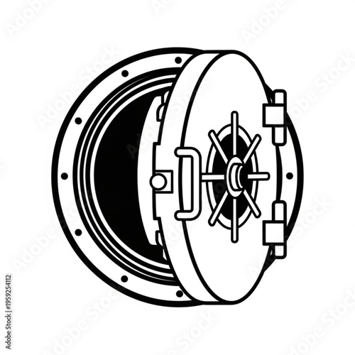 A black and white vector illustration of a bank vault door with a combination lock and handle