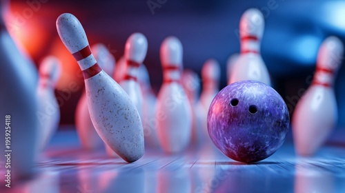 White wooden pin falls with ball strike in bowling game making a strike, 3D