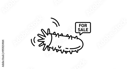 Funny sea cucumber with 'For Sale' sign, cartoon style, isolated on white background
