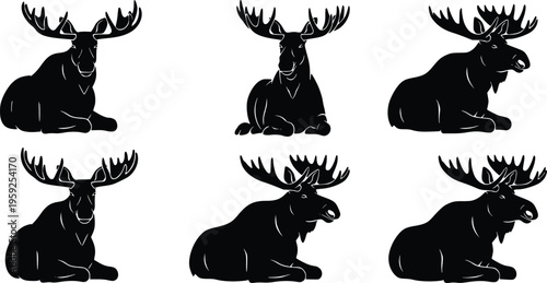 Vector set of majestic moose silhouettes resting and sitting in the wild.