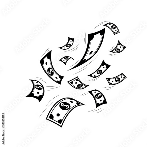 A black and white vector illustration of money flying through the air with a large arrow pointing upwards