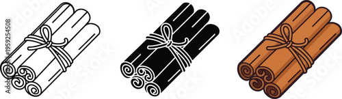 Collection of three distinct vector graphic illustrations representing a small tied bundle of aromatic cinnamon spice sticks ready for cooking or baking 